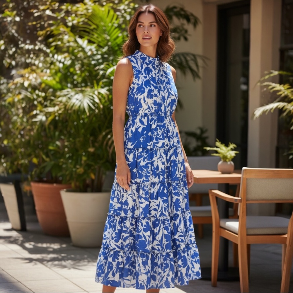 Msk Floral-Print Tiered Maxi Dress, Sleeveless, High Neck, Blue &‎ White, Sz Med - Picture 2 of 12
